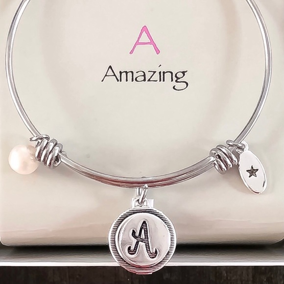 A Amazing / Initial Pearl Silver Adjustable Charm Bangle by Unwritten - Picture 3 of 13
